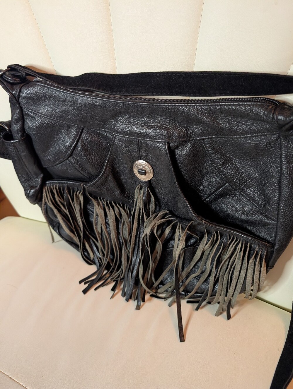 Leather Western Fringe Crossbody Bag Black Hobo Concho Bag 14 x 11